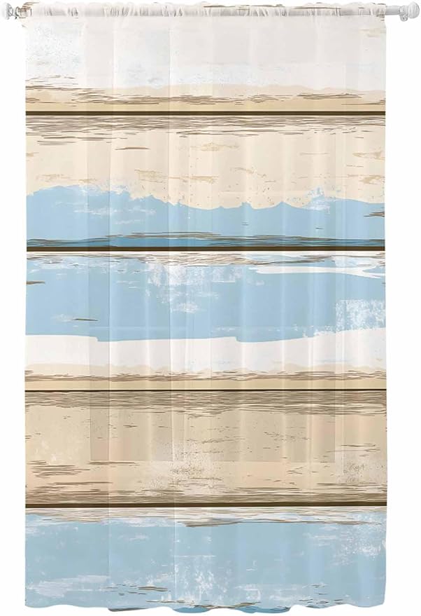 Sheer Curtains 108 Inches Long, Vintage Geometric Blue Semi Sheer Curtains Light Filtering Window Treatment, Abstract Country Shabby Wood Grain Privacy Voile Drapes for Living Room Bedroom 52x108 Inch