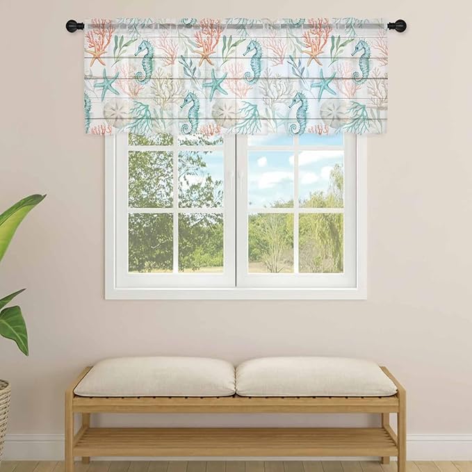 Teal Seahorse Starfish Sheer Valance Curtains, Summer Beach Coral Shell Board Light Filtering Kitchen Valances Rod Pocket Voile Curtain Window Treatment for Bedroom/Living Room/Basement 42Wx18L