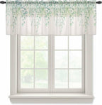 Green Leaf Sheer Valance Curtains, Eucalyptus Leaves Vintage Linen Texture Spring Plant Light Filtering Kitchen Valances Rod Pocket Voile Curtain Treatment for Bedroom/Living Room/Basement 42Wx12L