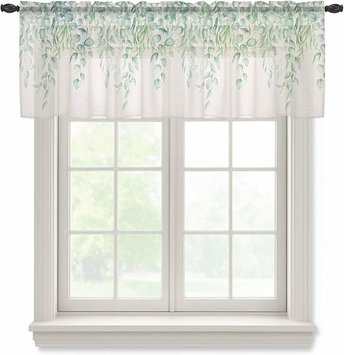 Green Leaf Sheer Valance Curtains, Eucalyptus Leaves Vintage Linen Texture Spring Plant Light Filtering Kitchen Valances Rod Pocket Voile Curtain Treatment for Bedroom/Living Room/Basement 42Wx12L