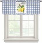 Lemon Sheer Valance Curtains, Summer Fruit Floral Wood Grain Blue Plaid Light Filtering Kitchen Valances Rod Pocket Voile Curtain Window Treatment for Bedroom/Living Room/Basement 42Wx12L