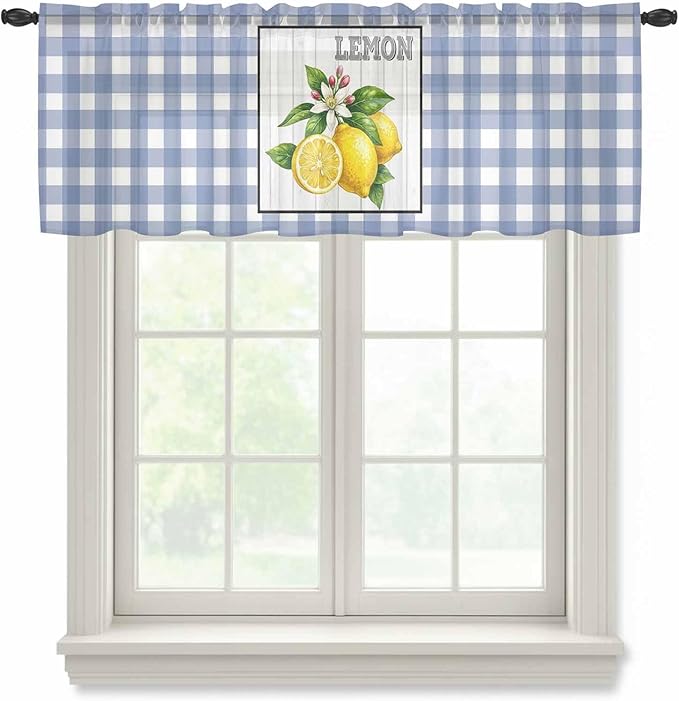 Lemon Sheer Valance Curtains, Summer Fruit Floral Wood Grain Blue Plaid Light Filtering Kitchen Valances Rod Pocket Voile Curtain Window Treatment for Bedroom/Living Room/Basement 54Wx18L