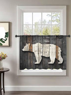 Sheer Curtains 45 Inch Length, Vintage White Brown Bear Semi Sheer Curtains Light Filtering Window Treatment, Retro Country Rustic Wood Grain Privacy Voile Drapes for Living Room Bedroom 52x45 Inch