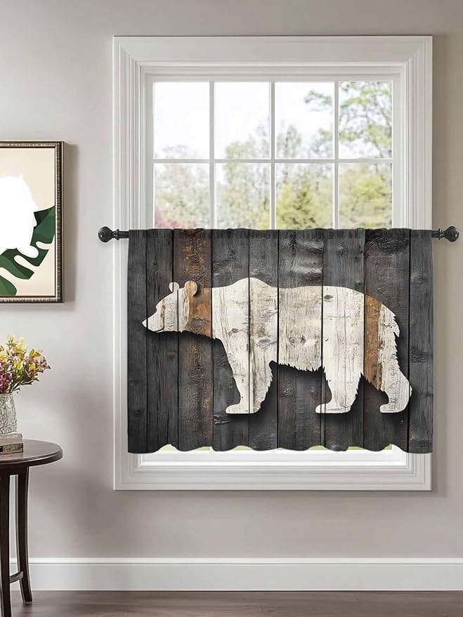 Sheer Curtains 54 Inch Length, Vintage White Brown Bear Semi Sheer Curtains Light Filtering Window Treatment, Retro Country Rustic Wood Grain Privacy Voile Drapes for Living Room Bedroom 52x54 Inch