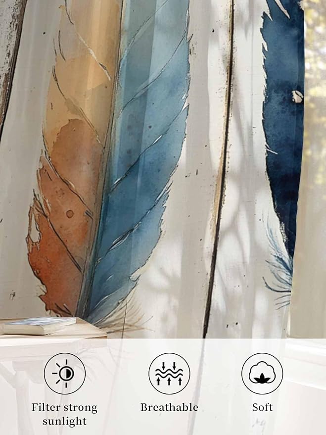 Sheer Curtains 72 Inches Long, Blue Brown Feathers Semi Sheer Curtains Light Filtering Window Treatment, Boho Ombre Vintage Wooden Grain Privacy Voile Drapes for Living Room Bedroom 52x72 Inch