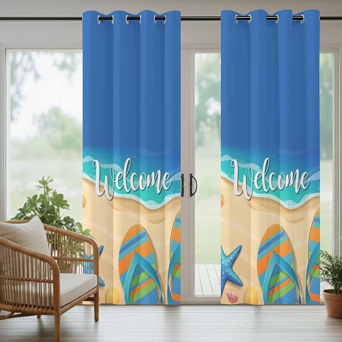Summer Outdoor Curtains for Patio Beach Slippers Plumeria Waterproof Outside Curtains with Grommet Top Weatherproof Curtain for Cabana Pergola Gazebo, 1 Panel, 54" W x 84" L