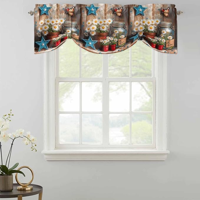 Country Flower Tie Up Valance for Window, Western Texas Star Butterfly Barn Door Adjustable Balloon Window Shade Valance Curtain for Kitchen Cafe Bathroom Window Treatment Panel 60''x18''
