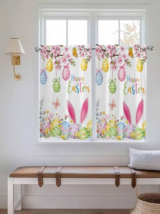 Happy Easter Tier Curtains 45 Inches Long, Spring Watercolor Bunny Eggs Flower Branch Window Treatment Curtain Drapes, Small Curtain Drapes for Bathroom Laundry Room, 27.5"x45", 2 Panels
