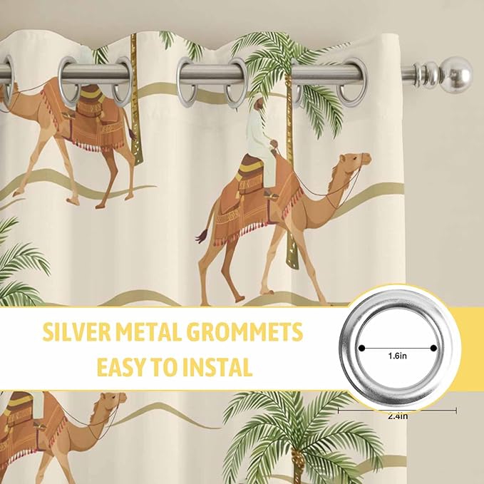 2 Panel Kitchen Cafe Curtains, Date Coconut Tree Sunlight Filtering Nature Air Through, Home Decor Window Covering Tier Curtains for Living Room 104W x 90L inch Desert Camels Botanical Tropical Beige