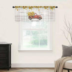 Farmhouses Sunflowers Sheer Valance Curtains, Retro Floral Leaves Red Truck Wood Grain Light Filtering Kitchen Valances Rod Pocket Voile Curtain Treatment for Bedroom/Living Room/Basement 54Wx18L