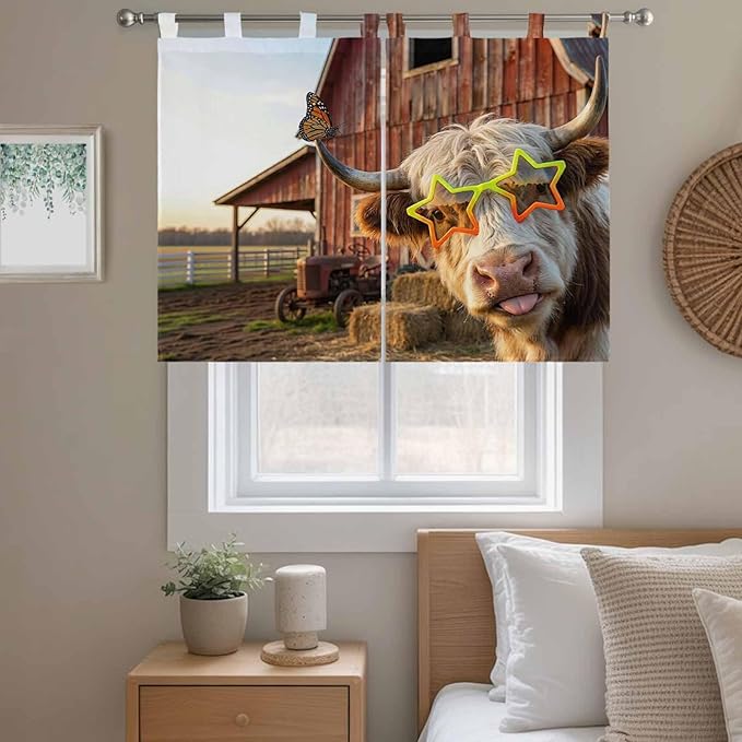 Farm Yaks Kitchen Curtains 45 Inch Length, Short Cafe Window Curtains Tab Top, Farmhouse Barn Funny Animals Butterfly Light Filtering Window Treatments Tier Drapes 27.5"x45" 2 Panel