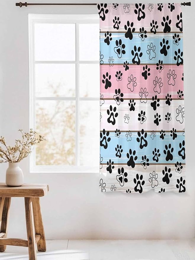 Sheer Curtains 72 Inches Long, Pink Blue Paw Print Semi Sheer Curtains Light Filtering Window Treatment, Vintage Farmhouse Wooden Grain Privacy Voile Drapes for Living Room Bedroom 52x72 Inch