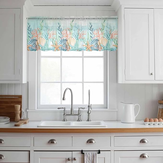 Summer Beach Sheer Valance Curtains, Green Ocean Colorful Coral Shell Seaweed Starfish Light Filtering Kitchen Valances Rod Pocket Voile Curtain Treatment for Bedroom/Living Room/Basement 60Wx18L