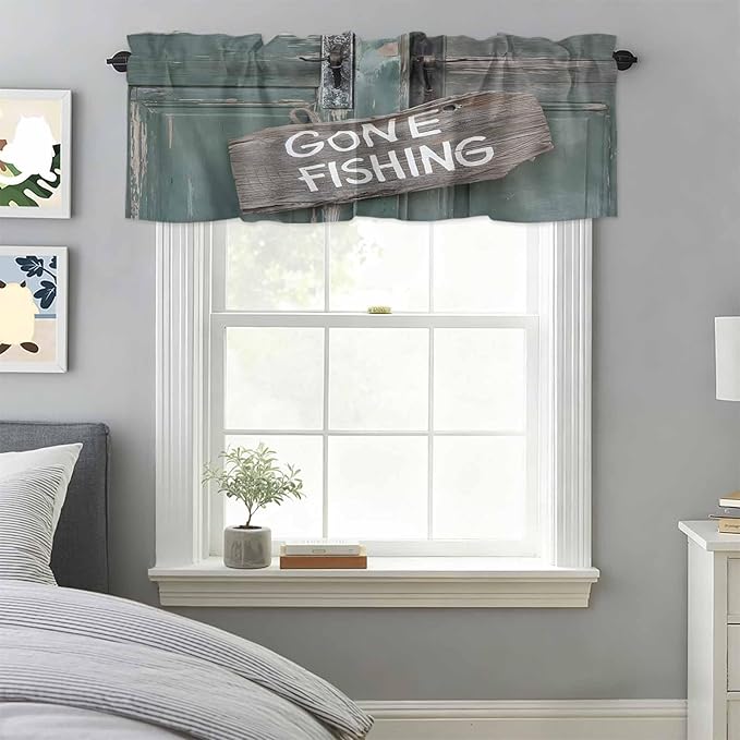 Gone Fishing Valances for Windows, Bronze Wood Grain Kitchen Valance Light Filtering Rod Pocket Short Curtains for Kitchen Bathroom, 1 Panel, 54"x18"