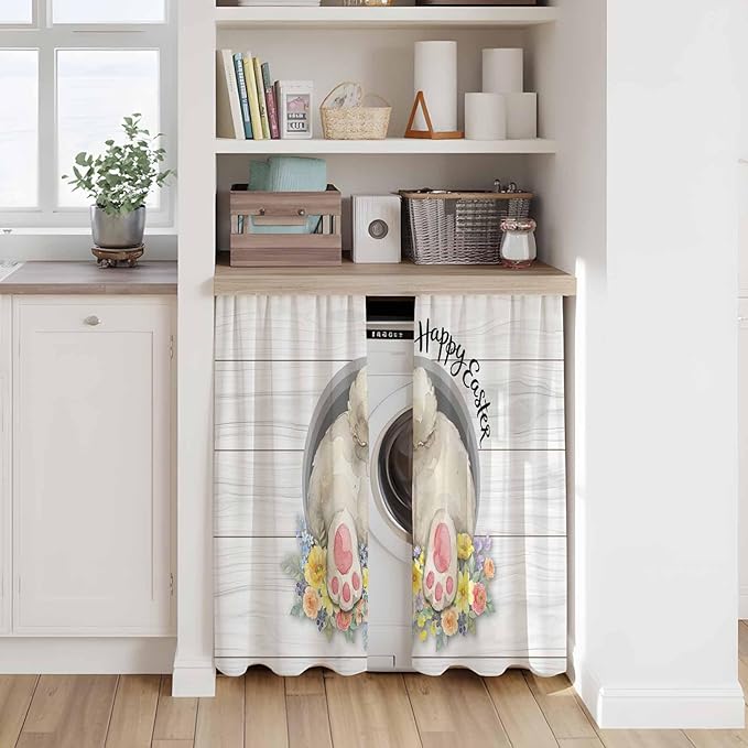 Easter Bunny Kitchen Curtains 45 Inch Long 2 Panel Set, Rod Pocket Window Treatment, 3D Optical Illusion Farmhouse Flower Wood Grain Light Filtering Panels Short Drapes for Bathroom Camper 42"W x 45"L