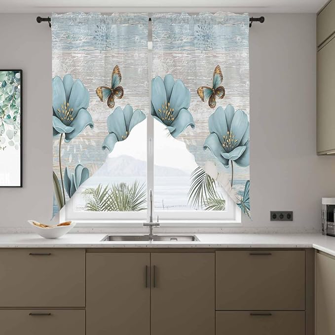 Spring Floral Swag Valances for Windows, Vintage Tulips Flower Butterfly Retro Wood Blue Rod Pocket Kitchen Curtains Valance, Small Window Curtains Swag for Cafe Living Room, 2 Panels, 28x36 inch