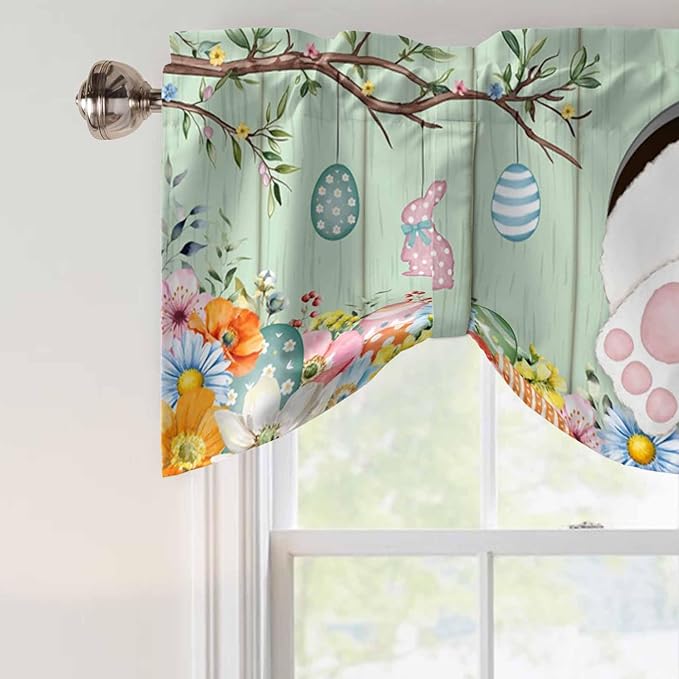 Easter Tie Up Valance Curtains for Windows, Kitchen Curtains Window Shades, Spring Watercolor Bunny Eggs Wooden Grain Green Light Filtering Roman Curtain Valances for Bedroom/Bathroom/Cafe 42"x18"