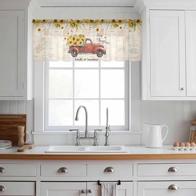 Farmhouses Sunflowers Sheer Valance Curtains, Retro Floral Leaves Red Truck Vintage Light Filtering Kitchen Valances Rod Pocket Voile Curtain Window Treatment for Bedroom/Living Room/Basement 54Wx18L