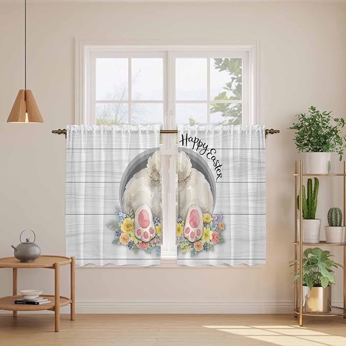 Easter Bunny Kitchen Curtains 54 Inch Long 2 Panel Set,Rod Pocket Window Curtains Panels,3D Optical Illusion Farmhouse Flower Wood Grain Light Filtering Privacy Draperies for Bedroom 42"W x 54"L