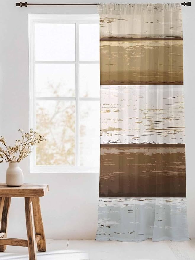 Sheer Curtains 96 Inches Long, Wood Grain Brown Semi Sheer Curtains Light Filtering Window Treatment, Farmhouse Vintage Country Geometric Privacy Voile Drapes for Living Room Bedroom 52x96 Inch