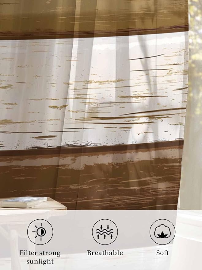 Sheer Curtains 84 Inches Long, Wood Grain Brown Semi Sheer Curtains Light Filtering Window Treatment, Farmhouse Vintage Country Geometric Privacy Voile Drapes for Living Room Bedroom 52x84 Inch