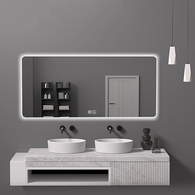 Bathroom Mirror with LED Lights, Lighted Bathroom Makeup Wall Mounted Mirror with Demister Pad, 3-Color Dimmable LED Light, for Wall Decor, Vanity, Living Room(A,70x90cm)