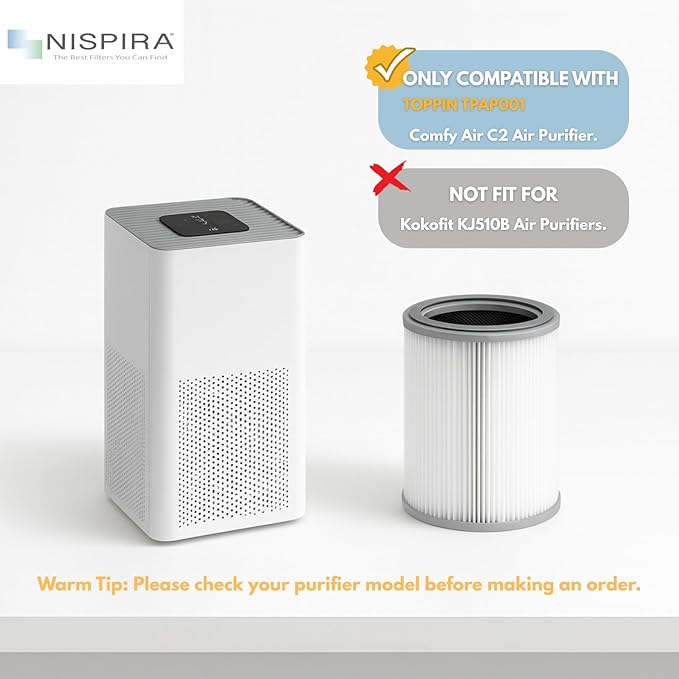 Nispira 3-in-1 True HEPA with Activated Charcoal Replacement Filters, Compatible with TOPPIN TPAP001 Air Purifier Comfy Air C2, 3-Packs