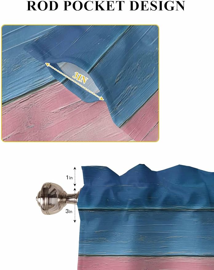 Blue Pink Brown Gradient Wood Grain Window Valance Curtains, Vintage Wood Board Light Filtering Kitchen Valance with 3-inch Rod Pocket for Living Room Bathroom Bedroom,2 Panel,27.5x24In