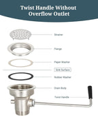 3-1/2 Inch Commercial Sink Drain with Twist Handle Kitchen Sink Opening Waste Drain Valve Stopper Prevents Sink Clogged Overflow for 1/2/3 Compartment Sink Style Drains