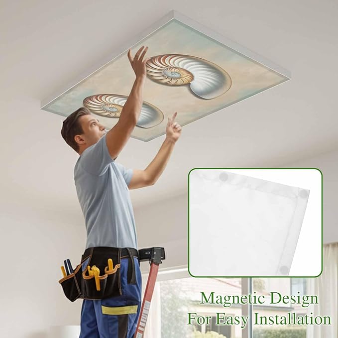 Fluorescent Light Covers for Ceiling Lights Shell Conch Magnetic Light Filters 3 Pack 4x2 ft Vintage Ocean Marine Life Ceiling Lights Cover for Classroom Office School Home Drop Lamp Decor