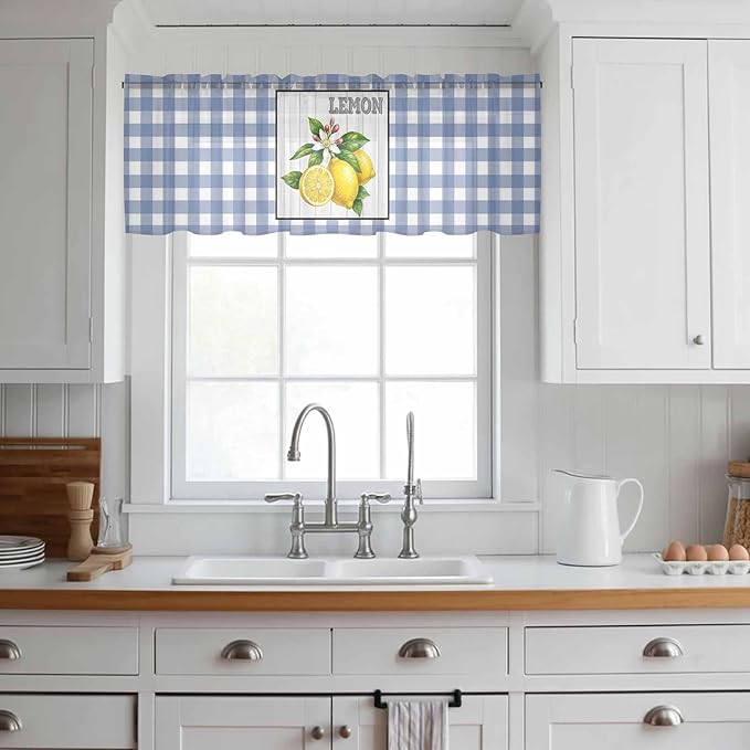 Lemon Sheer Valance Curtains, Summer Fruit Floral Wood Grain Blue Plaid Light Filtering Kitchen Valances Rod Pocket Voile Curtain Window Treatment for Bedroom/Living Room/Basement 54Wx18L