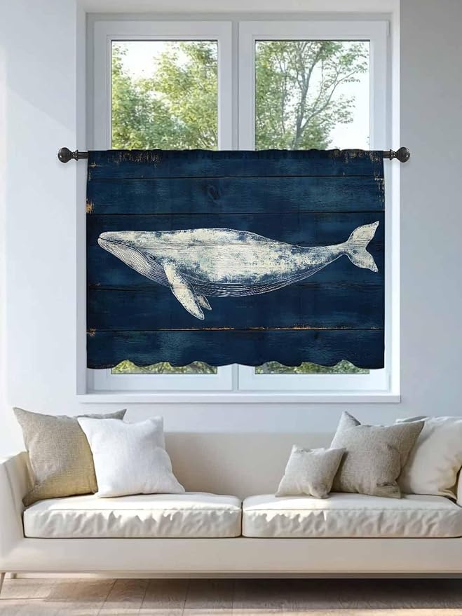 Sheer Curtains 45 Inch Length, Summer Whale Semi Sheer Curtains Light Filtering Window Treatment, Ocean Watercolor Wooden Grain Blue Privacy Voile Drapes for Living Room Bedroom 52x45 Inch