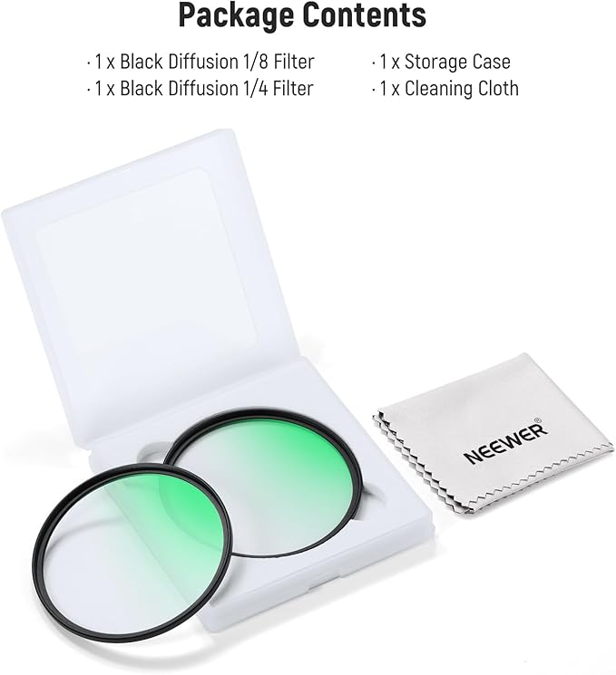 NEEWER 67mm 1/4 & 1/8 Black Diffusion Camera Lens Filter 2 Pack Set, Dreamy Cinematic Effect Filter Multicoated Glass Storage Case Cleaning Cloth, for Portrait Photography Video