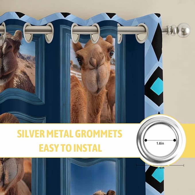 2 Panel Kitchen Cafe Curtains, Desert Camels Sunlight Filtering Nature Air Through, Home Decor Window Covering Tier Curtains for Living Room 55W x 39L inch Wildlife Brown Animals Blue Geometric