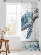 Sheer Curtains 84 Inches Long, Teal Green Sea Turtle Semi Sheer Curtains Light Filtering Window Treatment, Summer Ocean Vintage Wood Grain Privacy Voile Drapes for Living Room Bedroom 52x84 Inch