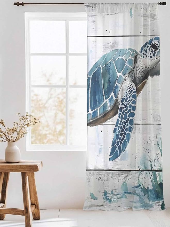 Sheer Curtains 84 Inches Long, Teal Green Sea Turtle Semi Sheer Curtains Light Filtering Window Treatment, Summer Ocean Vintage Wood Grain Privacy Voile Drapes for Living Room Bedroom 52x84 Inch