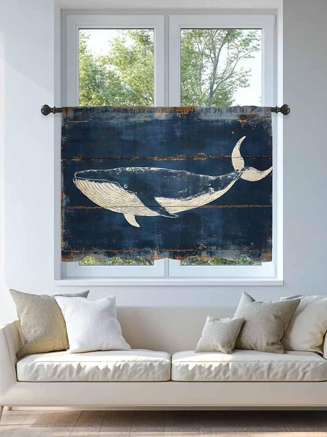 Sheer Curtains 54 Inch Length, Summer Whale Blue Semi Sheer Curtains Light Filtering Window Treatment, Coastal Ocean Vintage Wooden Grain Privacy Voile Drapes for Living Room Bedroom 52x54 Inch