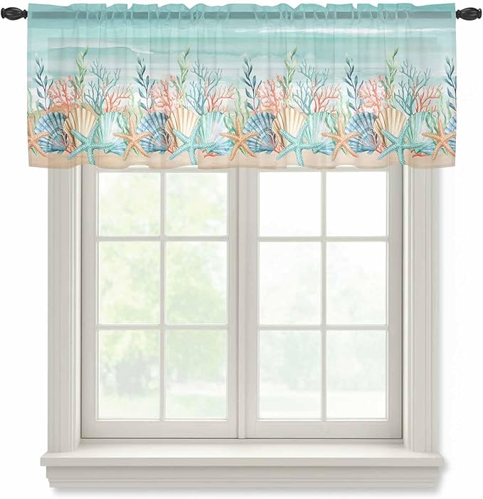 Summer Beach Sheer Valance Curtains, Green Ocean Colorful Coral Shell Seaweed Starfish Sandy Light Filtering Kitchen Valances Rod Pocket Voile Curtain for Bedroom/Living Room/Basement 42Wx12L