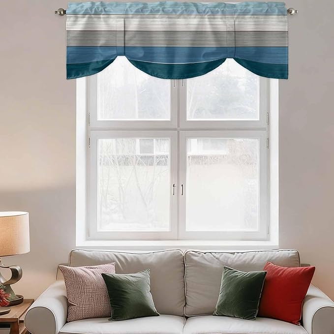Blue Ombre Wooden Tie Up Valance Curtains for Windows, Kitchen Curtains Window Shades, Farmhouse Retro Wood Gradient Light Filtering Roman Curtain Valances for Bedroom/Bathroom/Cafe 60"x18"