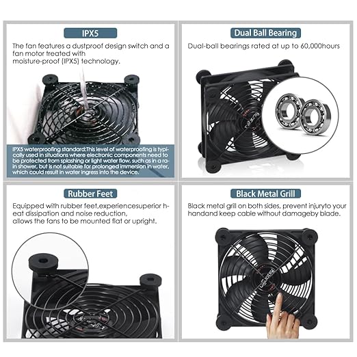 Dual 120mm Fan with 10 Speed USB 5V DC 12V IPX5 Waterproof Cooling Fan for Tablet TV Receiver Router DVR Xbox Greenhouse Kennel Computer Cabinet Component Cooling