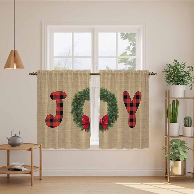Red Green Christmas Kitchen Curtains 54 Inch Long 2 Panel Set, Rod Pocket Window Curtains Panels, Xmas Botanical Winter Farmhouse Light Filtering Drapery Draperies for Bathroom Bedroom 52"W x 54"L