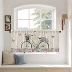 Farmhouse Spring Tier Curtains, Retro Bicycles Flowers Vines Butterfly Light Filtering Kitchen Curtains, 2Pcs Rod Pocket Half Window Treatments Panels for Sink Cafe Cabinet Camper 27.5x36 Inches