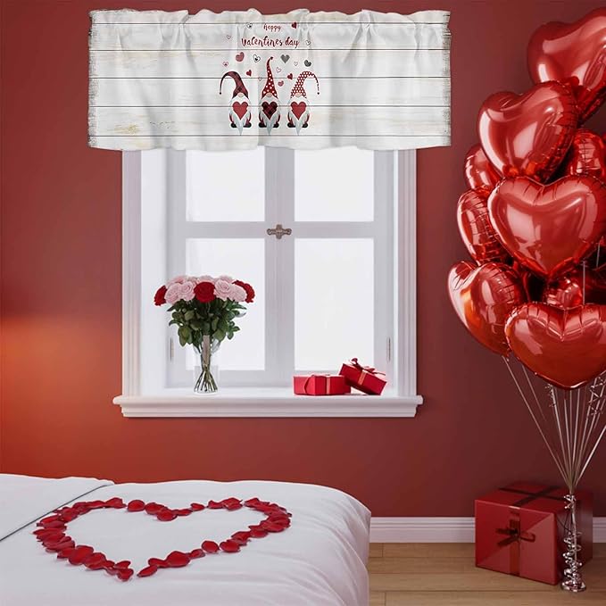 Happy Valentine's Valance Curtains for Kitchen, Day Gnomes Love Heart on Rustic Wood Grain Privacy Rod Pocket Valance Curtain, Light-Filtering Window Treatment for Bedroom Bathroom, 42"x12"