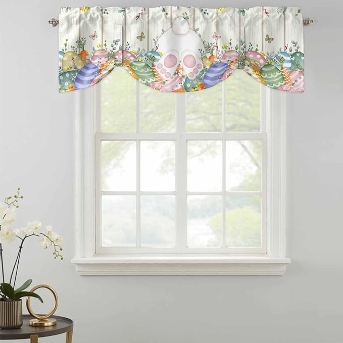 Easter Tie Up Valance Curtains for Windows, Kitchen Curtains Window Shades, Spring Rabbit Ears Foot Colorful Eggs Leaf Floral Light Filtering Roman Curtain Valances for Bedroom/Bathroom/Cafe 42"x12"