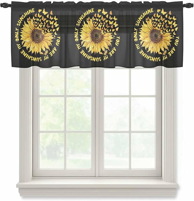YOU ARE MY SUNSHINE Sheer Valance Curtains, Summer Sunflowers Golden Gradient Butterflies Light Filtering Kitchen Valances Rod Pocket Voile Curtain Treatment for Bedroom/Living Room/Basement 54Wx18L