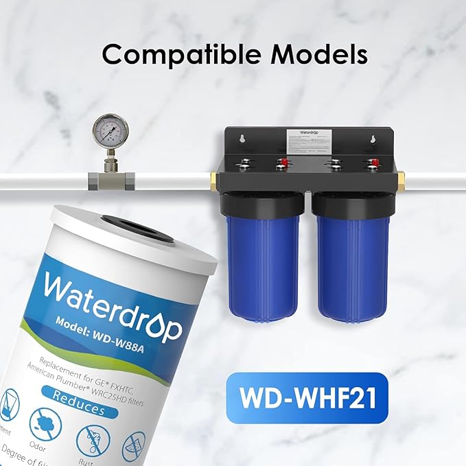 Waterdrop FXHTC Whole House Carbon Water Filter, Replacement for GE® FXHTC, GXWH40L, GXWH35F, Culligan® RFC-BBSA, American Plumber W10-PR, W10-BC, WRC25HD, 10" x 4.5" Cartridge, 5 Micron, Pack of 2