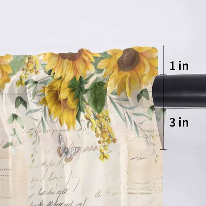 Farmhouses Sunflowers Sheer Valance Curtains, Retro Floral Leaves Red Truck Vintage Light Filtering Kitchen Valances Rod Pocket Voile Curtain Window Treatment for Bedroom/Living Room/Basement 54Wx18L