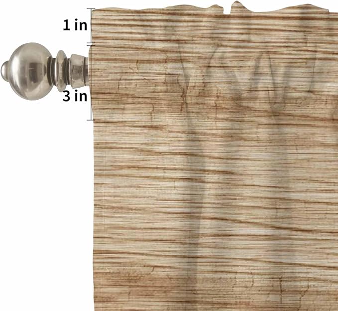 Kitchen Curtains Tiers and Valance Set of 3, Country Farmhouse Light Filtering Window Curtain Set, Vintage Brown Wooden Grain Rod Pocket Curtain Drapes for Cafe, Living Room, 36 Inches Tiers