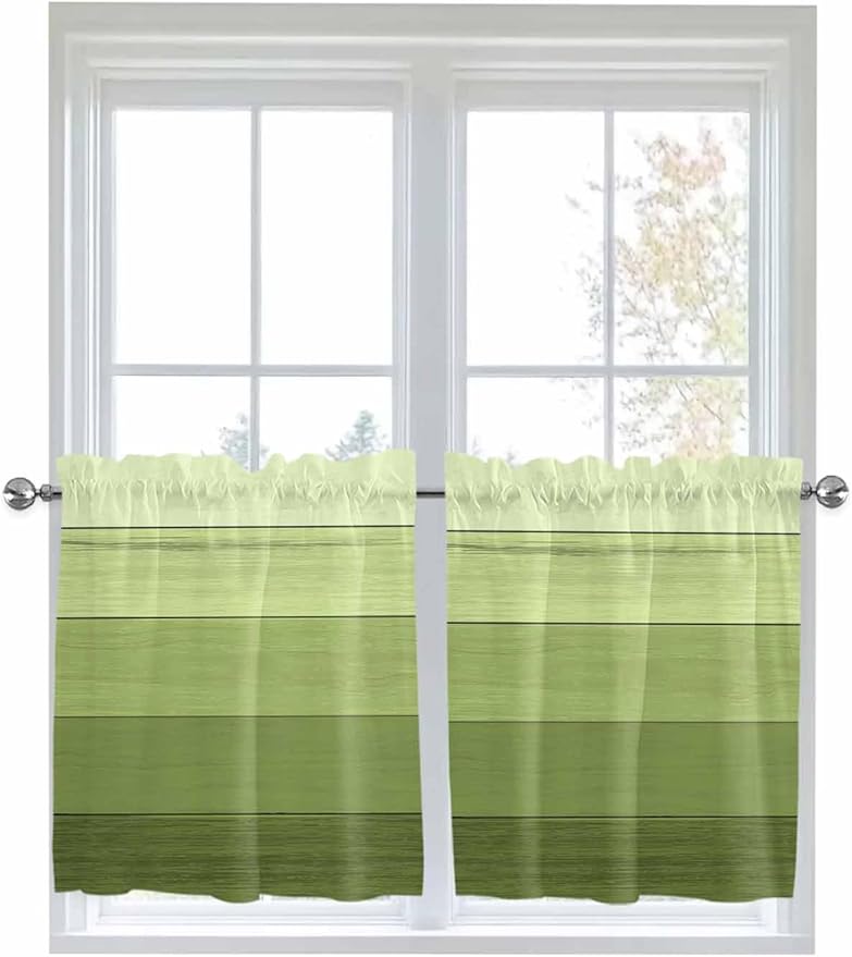 Gradient Green Wooden Board Window Valance Curtains, Retro Country Wood Grain Light Filtering Kitchen Valance with 3-inch Rod Pocket for Living Room Bathroom Bedroom,2 Panel,27.5x24In