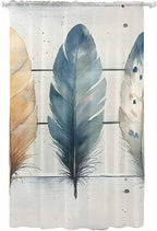 Sheer Curtains 108 Inches Long, Boho Blue Feathers Semi Sheer Curtains Light Filtering Window Treatment, Country Vintage Wooden Grain Privacy Voile Drapes for Living Room Bedroom 52x108 Inch